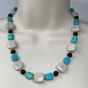 Handmade Bead Necklace Gray Marble Turquoise Magnesite Black Obsidian Gold Tone
